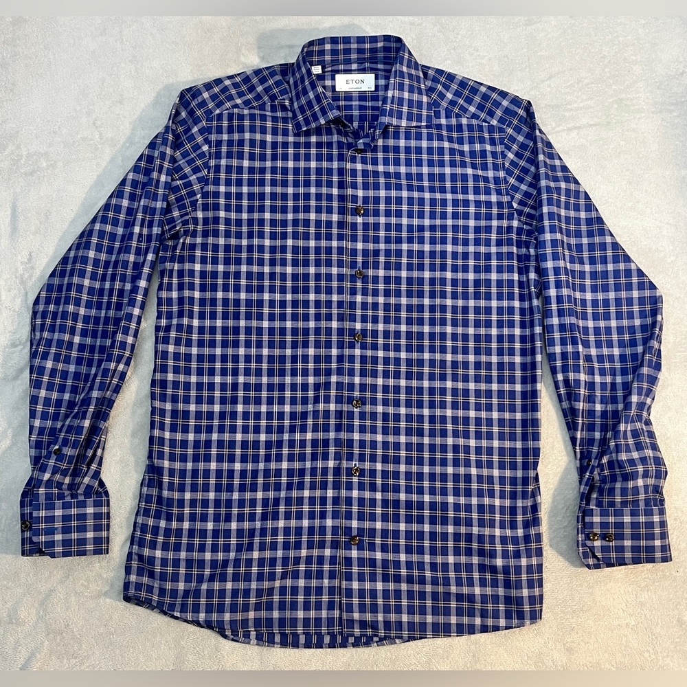 ETON Dress Shirt Contemporary fit Plaid Blue Cotton 15.5 (39)